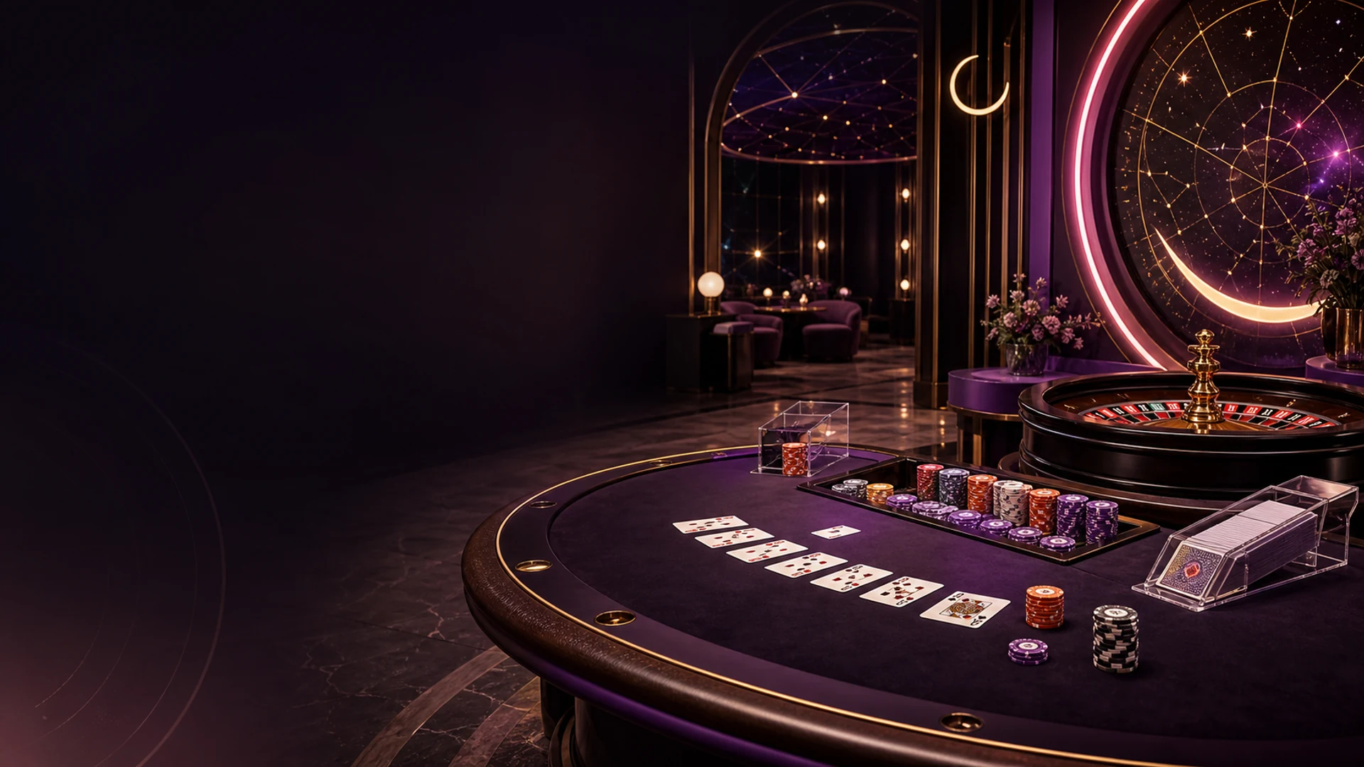 Purple live casino studio with a blackjack table and roulette wheel